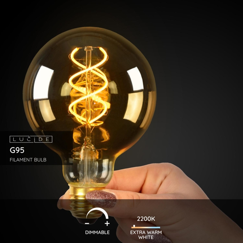 Lucide G95 - Vláknová žiarovka - Ø 9,5 cm - LED Rozm. - E27 - 1x5W 2200K - Jantárová